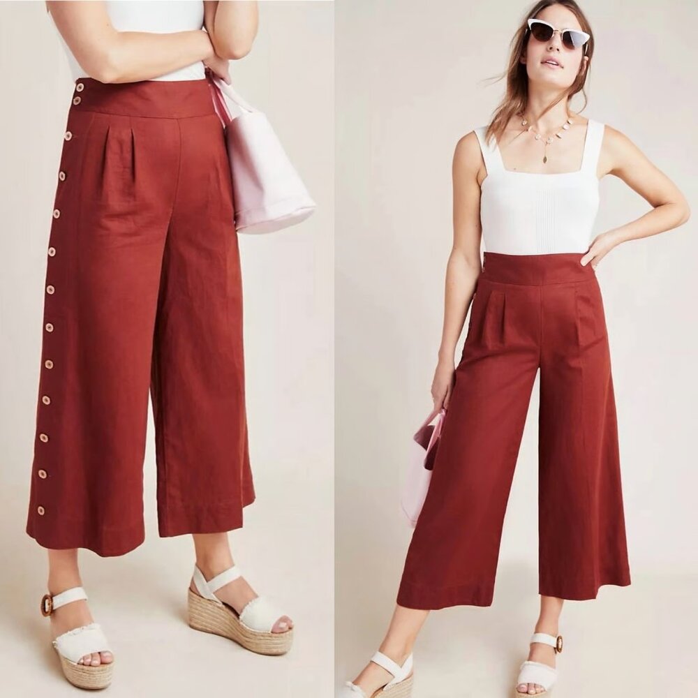 Anthropologie Linen Wide Leg Crop Pants Womens 6 Rust Red High Rise